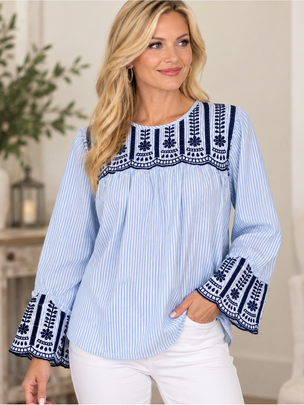 Crown & Ivy Navy, White and Light Blue Embroidered LS Blouse, Small… Worn Once!